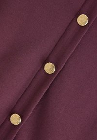 Paarse stof met drie gelijkmatig verdeelde ronde gouden knopen met intricatë reliëfs langs een verticale naad.