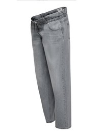 Pelēkas džinsa bikses ar elastīgu vidukli, taisni piegriezumu, piecu kabatu dizainu un vieglu izbalējumu, kas atspoguļo klasisku ikdienas izskatu.