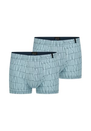 Two light blue men's boxer briefs with dark abstract line patterns and black waistbands shown on a white background.