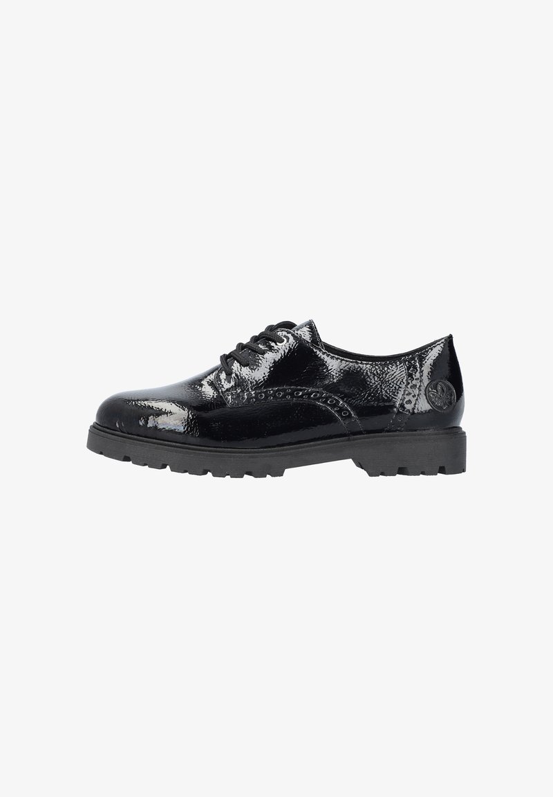 Chaussure en cuir verni noir à lacets avec un bout arrondi, des détails perforés, une surface texturée et une semelle en caoutchouc noir robuste.