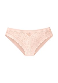 Lace slip met scalloped randen, voorzien van geometrische patronen, een lichtroze doorschijnende stof en een kleine metalen versiering aan de voorkant in het midden.