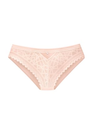 Lace slip met scalloped randen, voorzien van geometrische patronen, een lichtroze doorschijnende stof en een kleine metalen versiering aan de voorkant in het midden.