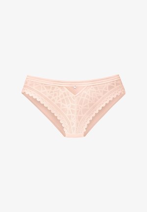 Culotte en dentelle avec des bords festonnés, présentant des motifs géométriques, un tissu transparent rose clair et un petit ornement en métal au centre avant.