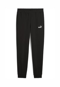 Sorte sweatpants lavet af blødt stof, med en elastisk talje, sidelommer og et hvidt Puma-logo på venstre side.