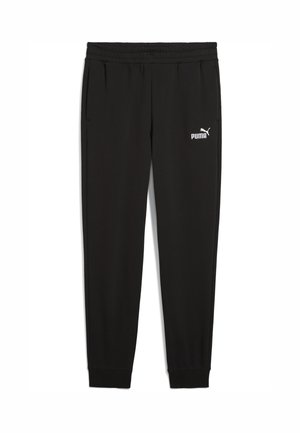 Zwarte sweatpants van zacht materiaal, met een elastische tailleband, zijzakken en een wit Puma-logo aan de linkerkant.