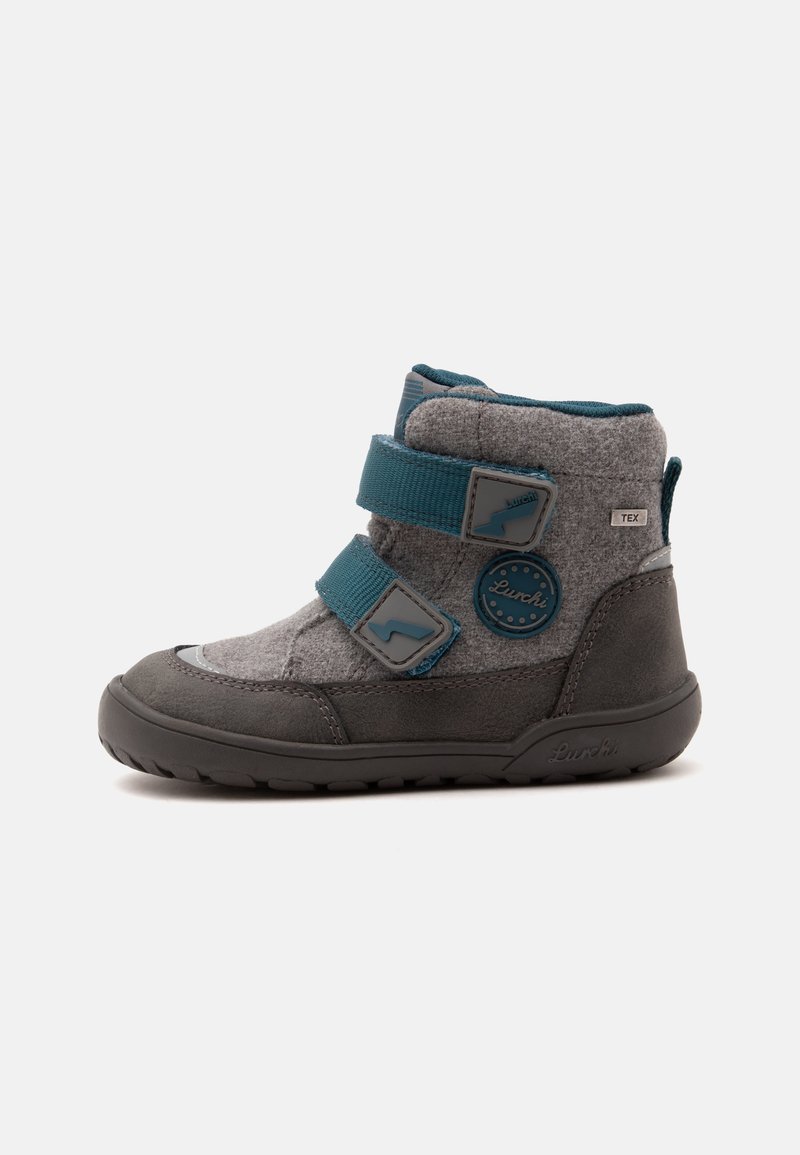Botte d'hiver pour enfant grise et bleu sarcelle avec deux sangles réglables, semelle en caoutchouc et dessus en tissu doux sur fond blanc.