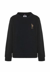 Felpa nera in cotone. Caratterizzata da un collo rotondo, maniche lunghe e un logo dorato sul petto. Texture morbida, vestibilità standard.