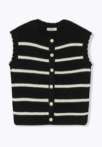 Pull en tricot sans manches noir avec des rayures horizontales blanches, une texture côtelée et six boutons dorés sur le devant.
