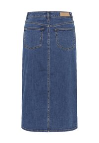 Jeans mini krilo s ravnim krojem, srednje modre barve, z dvema zadnjima žepoma in oznako na pasu. Vidna šivana ob robovih.