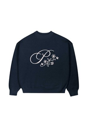 Navy blue sweatshirt with long sleeves, textured fabric, featuring a white embroidered letter "P" and floral design on the front.