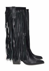 Stivali al ginocchio neri con punta a punta e tacco a blocco, decorati con lunghe frange nere lungo i lati.