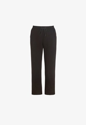 Schwarze Sweatpants mit elastischem Bund, Kordelzug und zwei Seitentaschen. Weicher Stoff, gerades Bein, dezente Markenakzente.