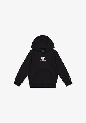 Sudadera negra de mezcla de algodón, con un bolsillo frontal, puños acanalados y logotipo de Champion bordado en el pecho y la manga.