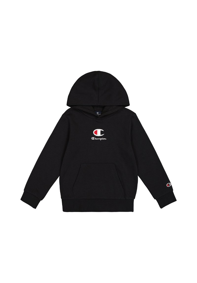 Hoodie noir en mélange de coton, avec une poche avant, des poignets côtelés et un logo Champion brodé sur la poitrine et la manche.