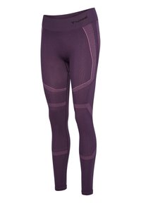 Paarse sportlegging met een hoge tailleband, voorzien van gestructureerde roze accenten en een aansluitend ontwerp, geschikt voor actieve sporten.