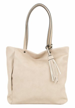 Beige gestructureerde draagtas met dubbele handvatten en een bijpassende kwast die aan één handvat hangt.