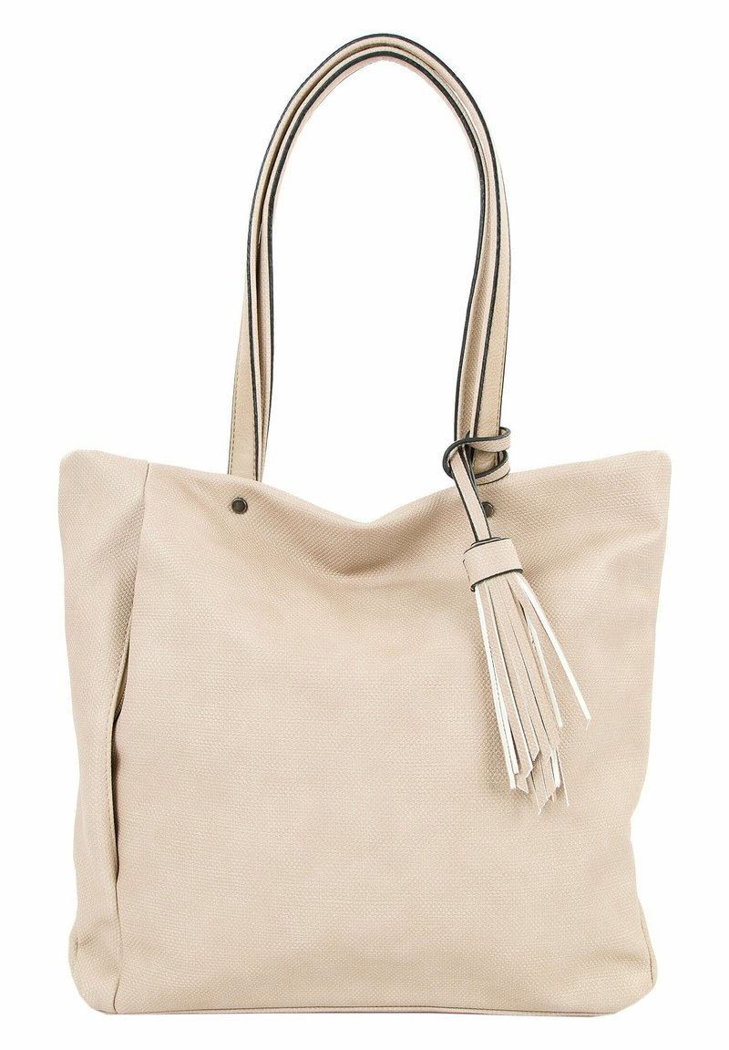 Sac fourre-tout texturé beige avec doubles poignées et un détail de gland assorti suspendu à une poignée.