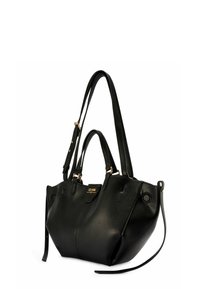 Czarna skórzana torebka z podwójnymi uchwytami i regulowanym paskiem na ramię, złote okucia i subtelne teksturowane wykończenie.
