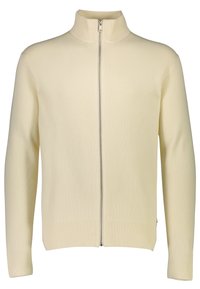 Suéter color crema con cierre frontal, de textura acanalada, cuello alto y mangas largas. Presenta un zipper en la parte delantera y un sutil detalle de costuras.