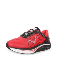 Red athletic shoe with a textured synthetic upper, black accents, laces, and a white sole featuring a curved design and visible cushioning elements.