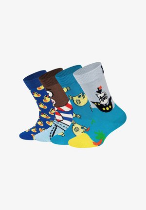 Vier Paare farbenfroher Socken mit verspielten Motiven: Gummienten, ein Pirat und Cartoon-Vögel auf fröhlichen blauen und braunen Hintergründen.