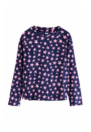 Long-sleeve shirt in navy blue cotton, featuring a star pattern in pink. The design includes a round neckline and relaxed fit.