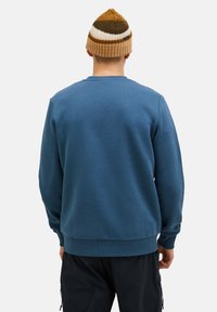Felpa blu con collo girocollo, polsini e orlo a coste. La parte posteriore presenta una texture liscia. Indossata con pantaloni neri e un berretto di maglia multistripes.