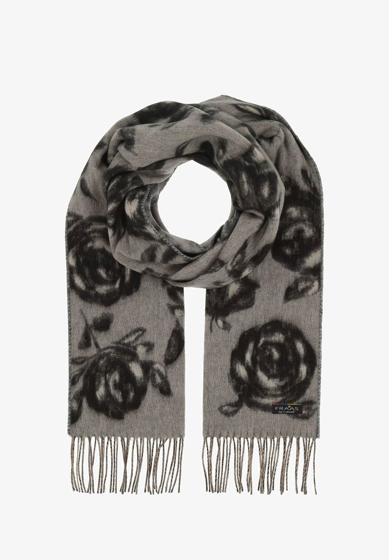 Écharpe en laine grise avec des motifs de roses noires et des extrémités effilochées, pliée en boucle avec une petite étiquette de marque visible à une extrémité.