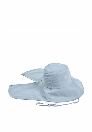 Chapeau de soleil bleu clair à large bord avec rabat de nuque étendu et sangle de menton réglable, conçu pour une protection solaire complète.