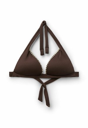 Brun tekstureret trekant bikini-top med halterneck og bindebånd bagpå, med hvide zigzag-sømme langs kanten af skålene.
