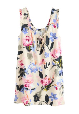 Robe crème sans manches avec col à volants et lien, présentant un grand motif floral aux coups de pinceau roses, violets, bleus, noirs et gris.