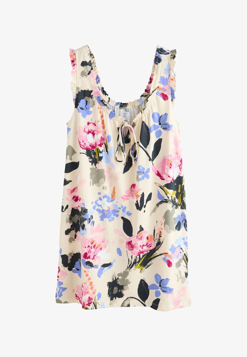 Robe crème sans manches avec col à volants et lien, présentant un grand motif floral aux coups de pinceau roses, violets, bleus, noirs et gris.