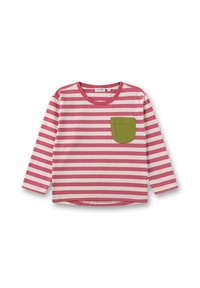 Langärmliges, pink-weiß geringeltes Hemd mit grüner Brusttasche und rundem Ausschnitt, flach auf weißem Hintergrund präsentiert.