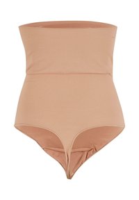 Beige Bodyshaper mit gerippter Textur, trägerlosem Design, hoher Taille und ausgeschnittenem Rücken. Glatte Oberfläche mit minimalen Nähdetails.