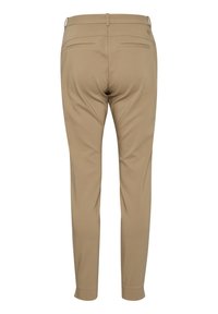 Beige byxor med skräddarsydd passform, utrustade med två bakfickor och en slät yta, designade med en smalare ben och en ren finish.