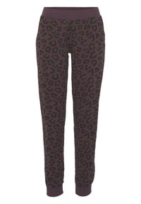 Leopard print joggers in dark purple and green, featuring a wide elastic waistband and tapered cuffs. Soft, stretchable fabric for comfort.