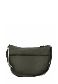Borsa a spalla in nylon verde oliva con cerniera e tracolla marroni. Presenta una tasca frontale e una finitura liscia e strutturata. Chiusura con cerniera.