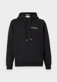 Black hooded sweatshirt with front pocket, drawstrings, and small white "Replay Denim Co Since 1981" text on the left chest.