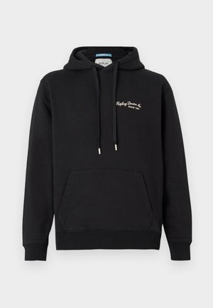 Sweatshirt à capuche noir avec poche frontale, cordons de serrage et petit texte blanc "Replay Denim Co Depuis 1981" sur la poitrine gauche.