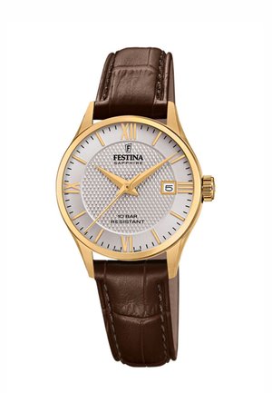 Montre-bracelet Festina avec boîtier en or, cadran argenté texturé, chiffres romains dorés, bracelet en cuir marron, guichet de date, et résistance à l'eau jusqu'à 10 bars.