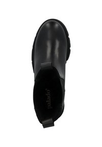 Black leather ankle boot with a smooth finish, round toe, elastic side panels, and a pull tab at the back; rubber sole visible at base.