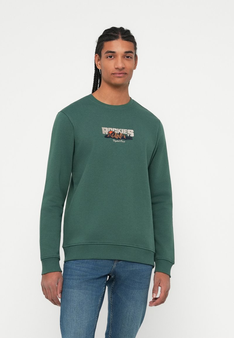 Groene sweatshirt van zachte stof, met een ronde hals en lange mouwen. Voorpand met een grafisch ontwerp van de tekst "ROCKIES" in een meerkleurig design.