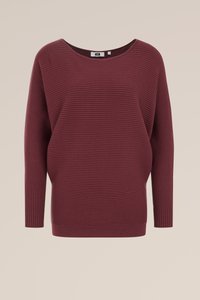 Burgundiškai raudonas per didelis megztinis su grioveliais, plačia apykakle ir ilgomis rankovėmis. Paprastas dizainas, be matomų detalių ar raštų.