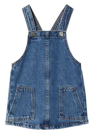 Robe salopette en denim bleu avec deux poches avant et bretelles réglables fixées par des boutons en métal.