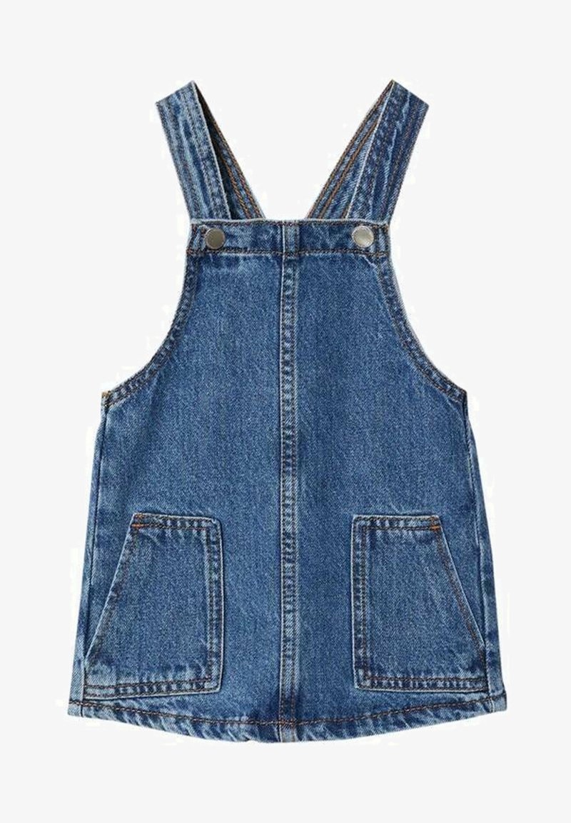 Robe salopette en denim bleu avec deux poches avant et bretelles réglables fixées par des boutons en métal.