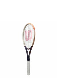 Tennis racket with a white and navy frame, orange accents, and a red logo. Features a grid string pattern and a textured white grip.