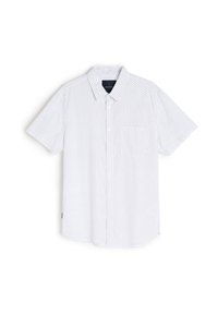 Krótki rękaw biały shirt z kołnierzykiem zapinanym na guziki, z teksturowanym wzorem małych niebieskich kropek. Zawiera kieszeń na piersi.