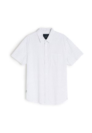 Krótki rękaw biały shirt z kołnierzykiem zapinanym na guziki, z teksturowanym wzorem małych niebieskich kropek. Zawiera kieszeń na piersi.