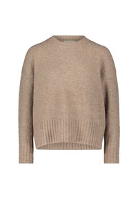 Beige gebreide trui met een ronde hals, brede mouwen en geribbelde zoom. Zachte textuur en oversized pasvorm, geschikt voor casual kleding.