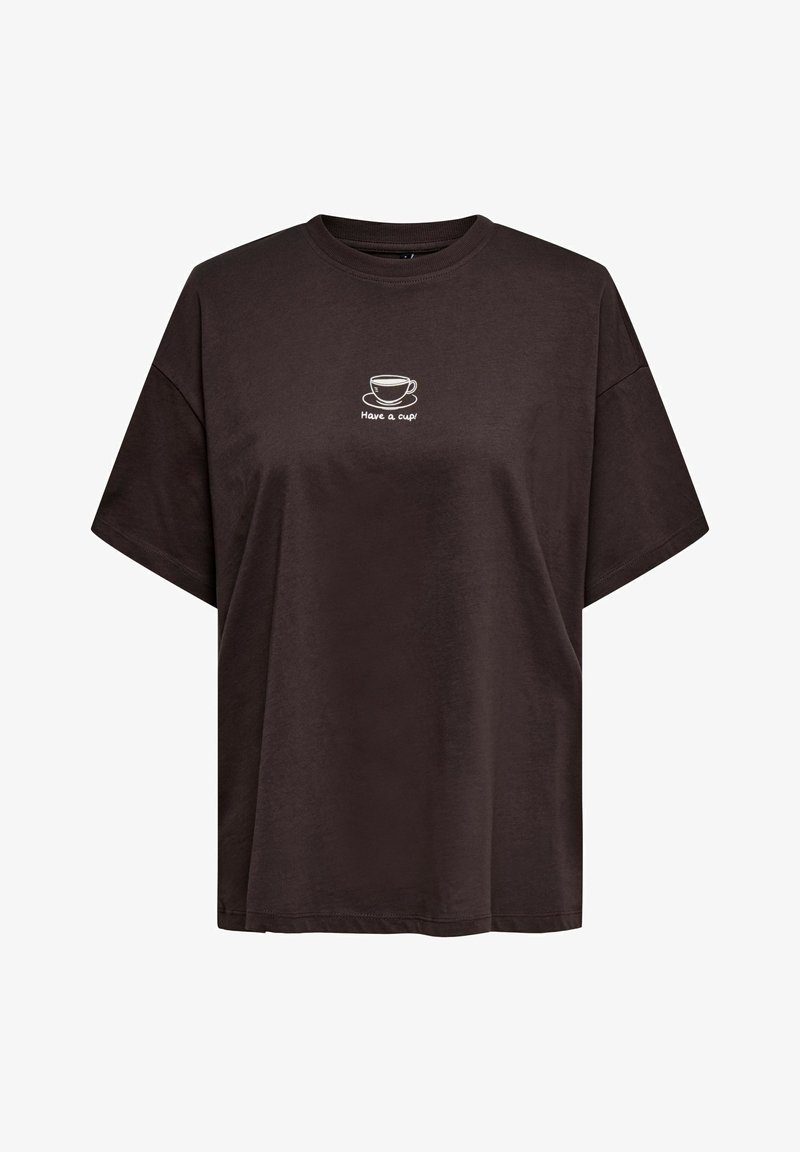 Mørkebrun T-shirt med korte ærmer med et lille hvidt krus og underkop-grafik samt teksten "Have a cup!" centreret på brystet.